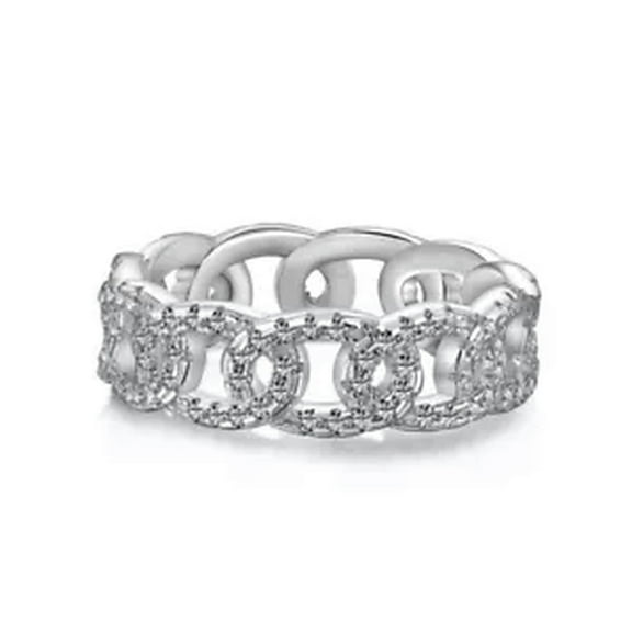 K-KED 925 Solid Sterling Silver Link Chain 5A Cubic Zirconia Band Ring Lady Party Gift-Silver-Size 7