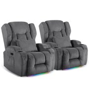 Power Recliner Chair, Linen Fabric Wall Hugger Reclining Sofa with Massage & Heat, Electric Home Theater Seating with LED Light/USB Port/Pillow/Cup Holder(Grey, 2 Chairs)