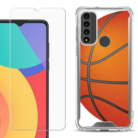 Shockproof Bumper Phone Case for TCL 20 XE, with Tempered Glass Screen Protector, by OneToughShield ® - Basketball