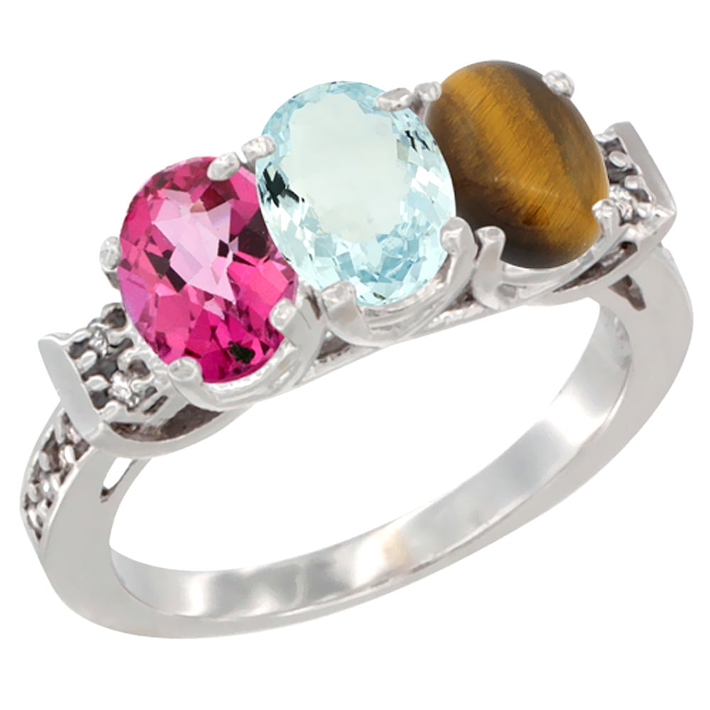 14K White Gold Natural Pink Topaz, Aquamarine & Tiger Eye Ring 3-Stone 7x5 mm Oval Diamond Accent, sizes 5 10 by WorldJewels
