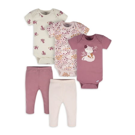 

Gerber Baby Girls Onesies Bodysuits and Pants Outfit Set 5-Piece Newborn-12M