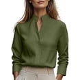 thumbnail image 3 of VBVC Women's Cotton Linen Stand Collar Blouse , Ladies' Long Sleeve Business Casual Office Shirt , V Notch Formal Work Tops For Women,Green,S-2XL, 3 of 7
