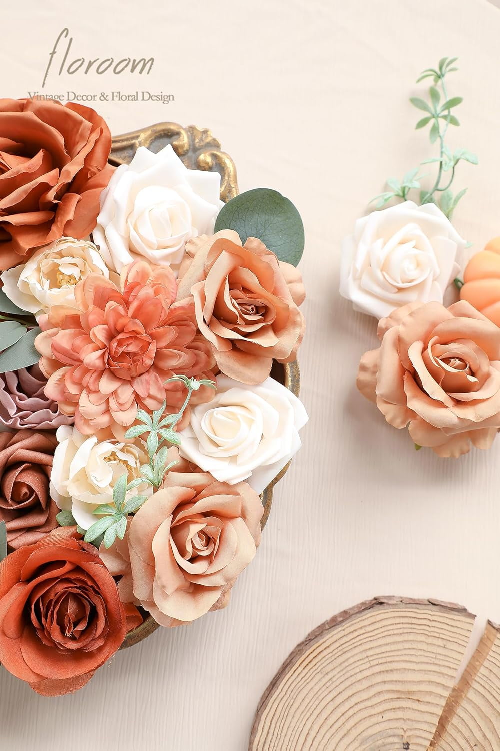 Terracotta Artificial Flowers Burnt Orange Fake Roses Peonies Dahlia Greenery Combo Box Set for DIY Wedding Bouquets Bridal Shower Centerpieces Floral Arrangements Party Tables Home Decoration