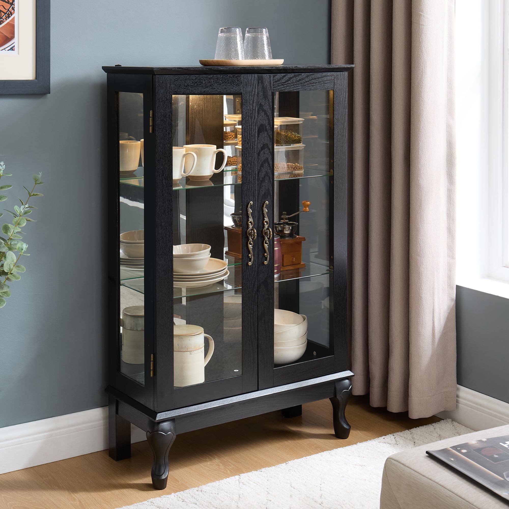Leumius Curio Cabinet with Tempered Glass Doors, Lighted Display Cabinet with Mirrored Back Panel & Adjustable Shelves for Home or Office Black