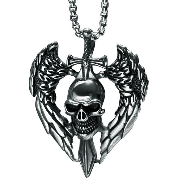 Leander Mens Skull Dragon Pendant Necklace for Men Silver Cool Goth Accessory Jewelry with Stainless Steel Chain