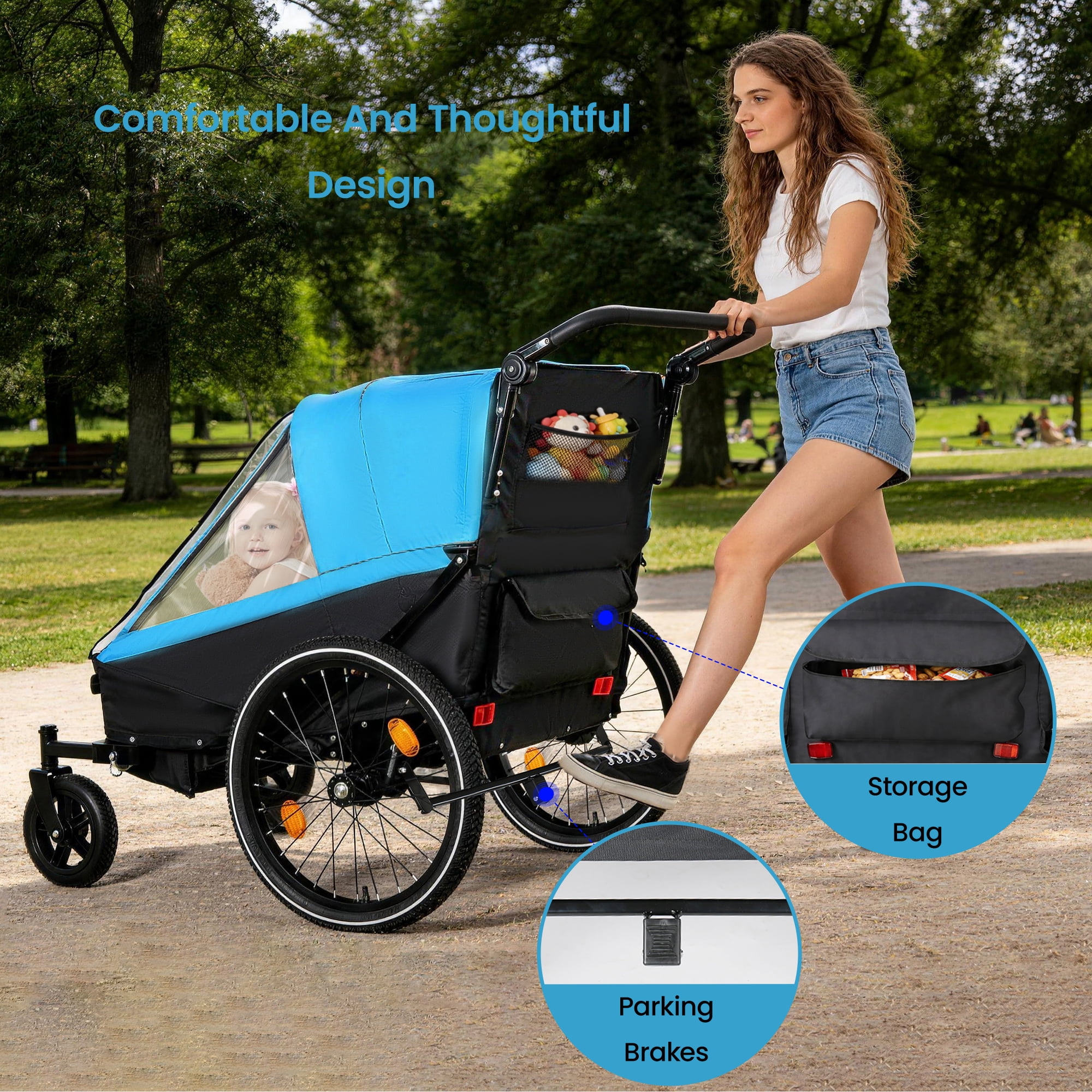 2 in 1 Kids Bike Trailer & Stroller, Jogging Style for 1-2 Children, Foldable with Universal Hitch, 5-Point Harness and Storage Bags for Outdoor Activities