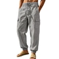thumbnail image 4 of Homeyce Men's Linen Pants Elastic Drawstring Waist Wide Leg Pants with Pockets Linen Cotton Trousers Breathable Casual Summer Beach Lightweight Trousers,Gray L, 4 of 5