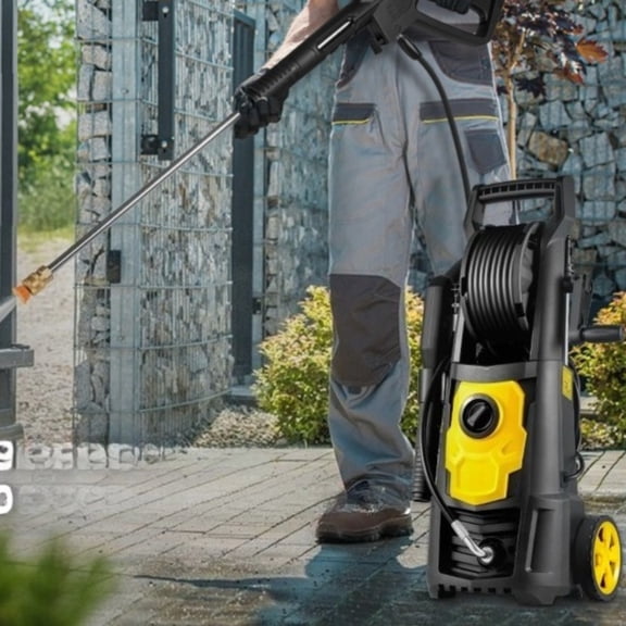 High-pressure cleaning machine, motor cleaning machine, equipped with 30-foot hose and reel, 5 quick-connect nozzles, foam cannon, portable, capable of cleaning patio railings and driveways.