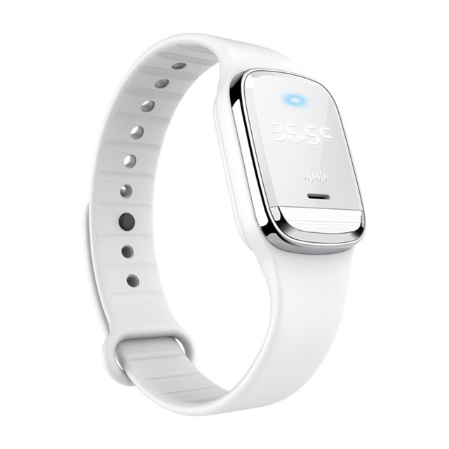 Pulsera inteligente M20 contra mosquitos con reloj y termómetro, ideal para adultos, niños y embarazadas, disponible en blanco, negro y rosa.