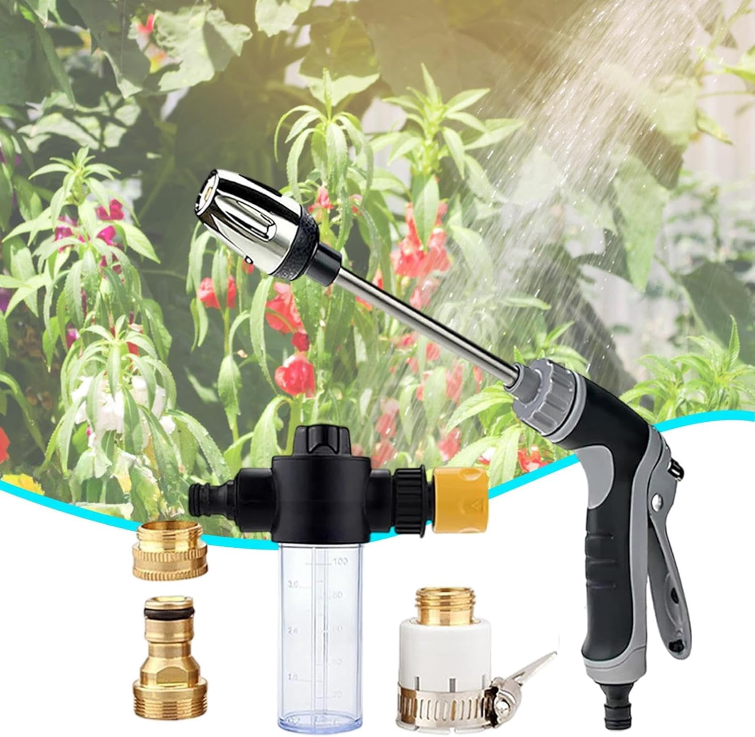 Adjustable Garden Hose Spray Nozzle – Metal & PP Water Sprayer, 14.56x6.29 inch, Durable Nozzle for Lawn Care, Watering, Car Washing & Outdoor Cleaning(RL 1 Set)