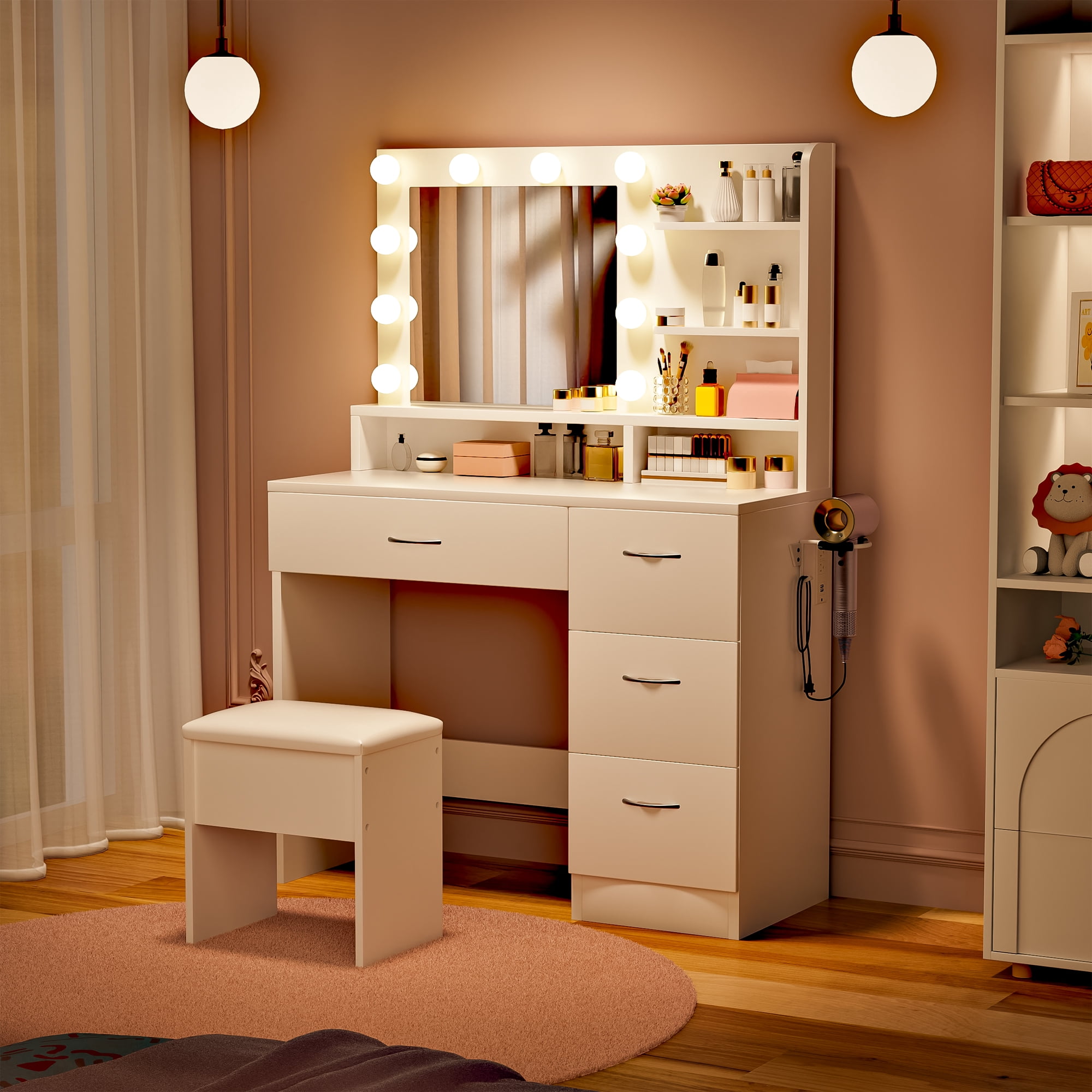 LIVELYGLOW Makeup Vanity Set with Stool, Lighted Mirror, Vanity Desk with 5 Shelves & 4 Drawers, Power Outlet & Hairdryer Holder, Vanity Dressing Table Perfect gift for Bedroom - White