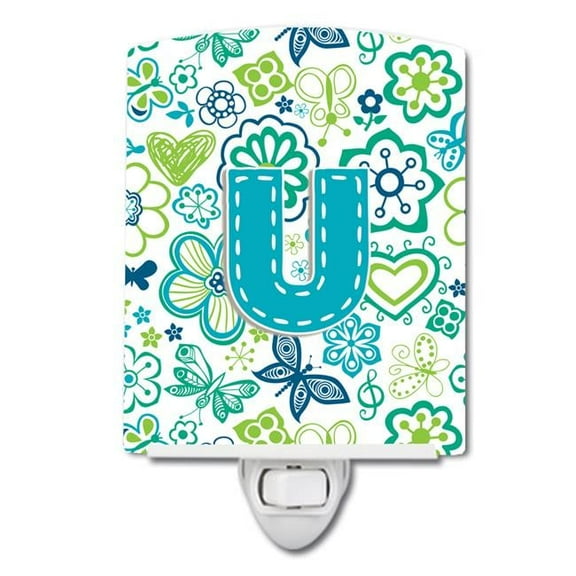 Letter U Flowers & Butterflies Teal & Blue Ceramic Night Light