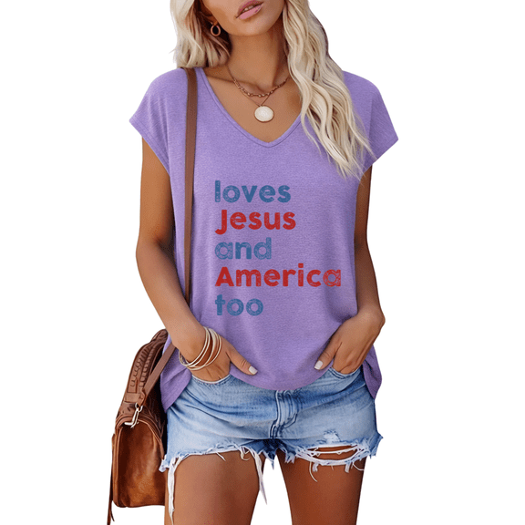 UNISHE Womens Purple Loves Jesus And America Too Print V Neck Short Sleeve T-Shirt Patriotic Holiday S-5XL Tops