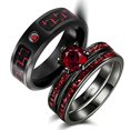 thumbnail image 1 of Two Rings His Hers Couples Matching Rings Women's 2pc Black Gold Filled Red CZ Wedding Engagement Ring Bridal Sets Men's Stainless Steel Wedding Band, 1 of 1
