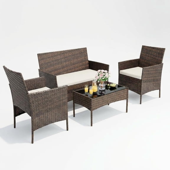 4-Piece Outdoor Patio Bistro Set – All-Weather PE Rattan Wicker Conversation Furniture with Tempered Glass Coffee Table, Cushioned Chairs for Garden, Porch, Backyard, Poolside