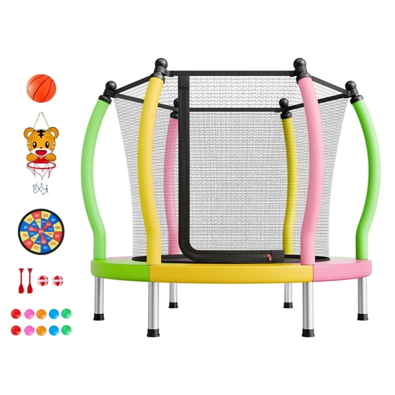 KFFKFF Kids Mini Trampoline with Safety Net and Basketball Hoop, 132 lbs Capacity, Indoor and Outdoor Play Equipment, Easy Assembly, Ideal for Holiday and Birthday Gifts