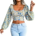 thumbnail image 2 of Crop Top Col Carré Imprimé Floral Femmes Slim Top Lanterne Manches Longues Tunique Manches Courtes Arrière Lacets Design, 2 of 8