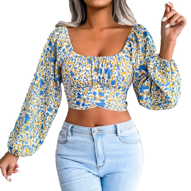 Blusa corta con cuello cuadrado y estampado floral para mujer, manga larga, con lazo en la espalda, color blanco L