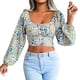 thumbnail image 3 of Camisa con estampado floral, blusa con lazo en la espalda cuadrada y estampado floral para mujer, top corto con cuello cuadrado, materiales ecológicos, 3 of 9