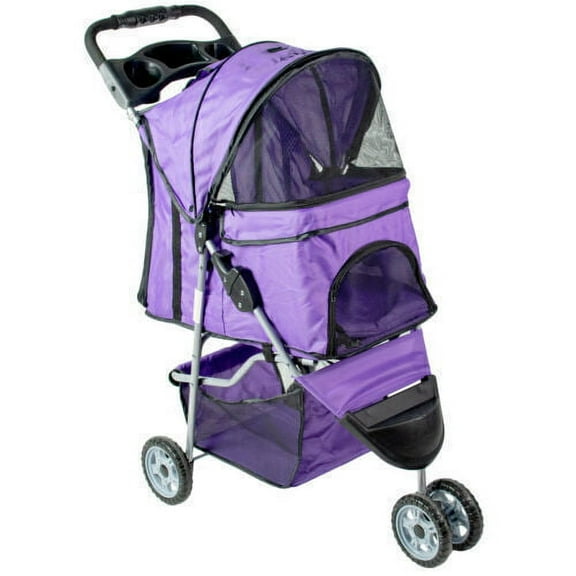 Purple 3 Wheel Pet Stroller Foldable Carrier Strolling Cart