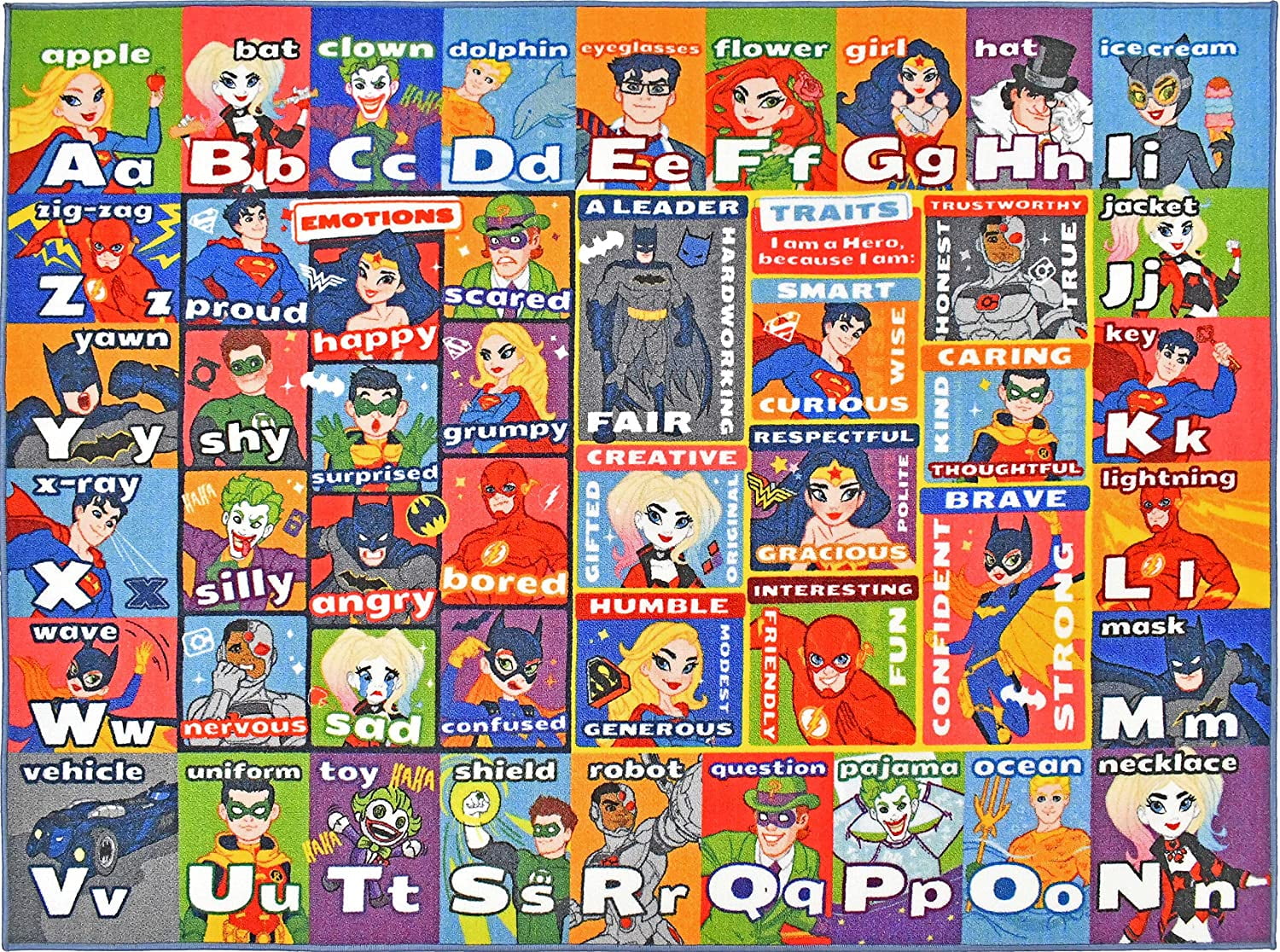 KC Cubs DC Super Hero ABC Alphabet Educational Area Rug, Polypropylene Low-Pile Carpet for Kids, 3'3" x 4'7", Multicolor