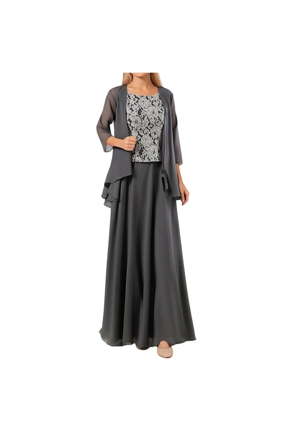 WomenS 3-Piece Elegant Evening Gown Set, Lace Bodice Tank Top With 3/4 Sleeve Chiffon Jacket & A-Line Maxi Skirt, Formal Wedding Party Outfit, 3pcs, Sizes XS Through XXXL