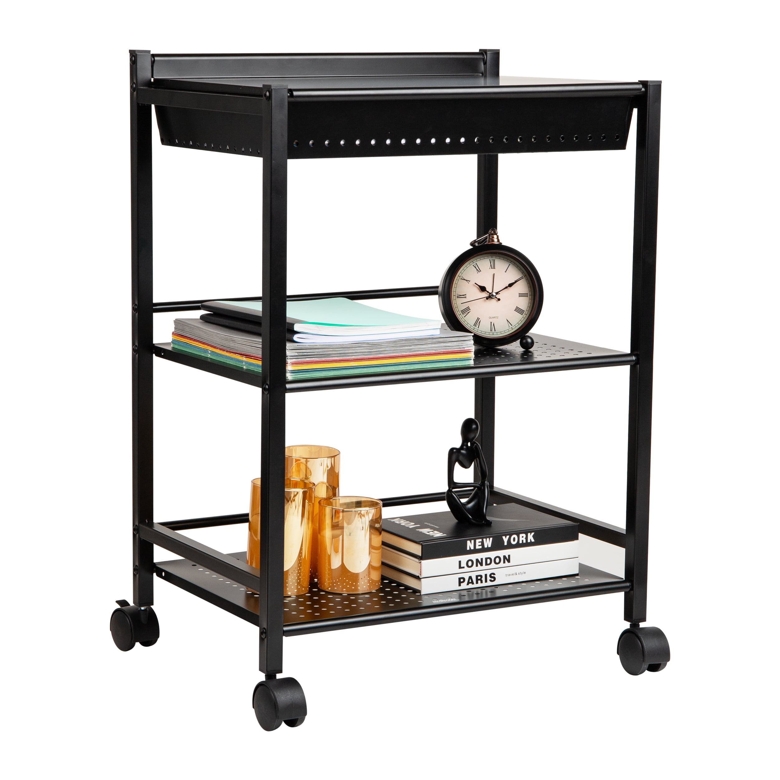 Mind Reader Cart with Covered Compartment, Office Organizer, Storage, 3-Tier, Office, Metal, Black