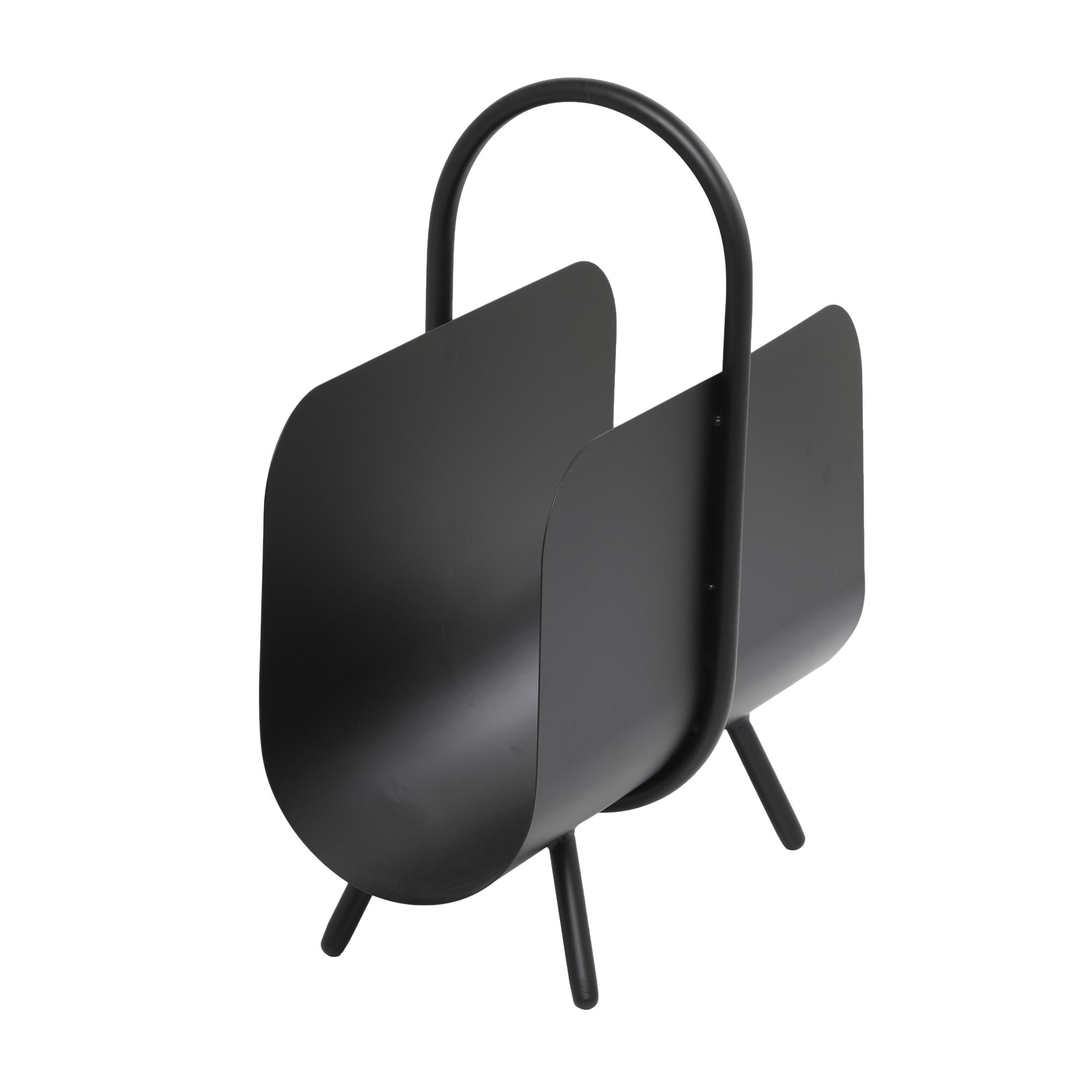 DecMode 20" Black Metal Matte Curved Magazine Holder with Arched Handle and Flared Legs