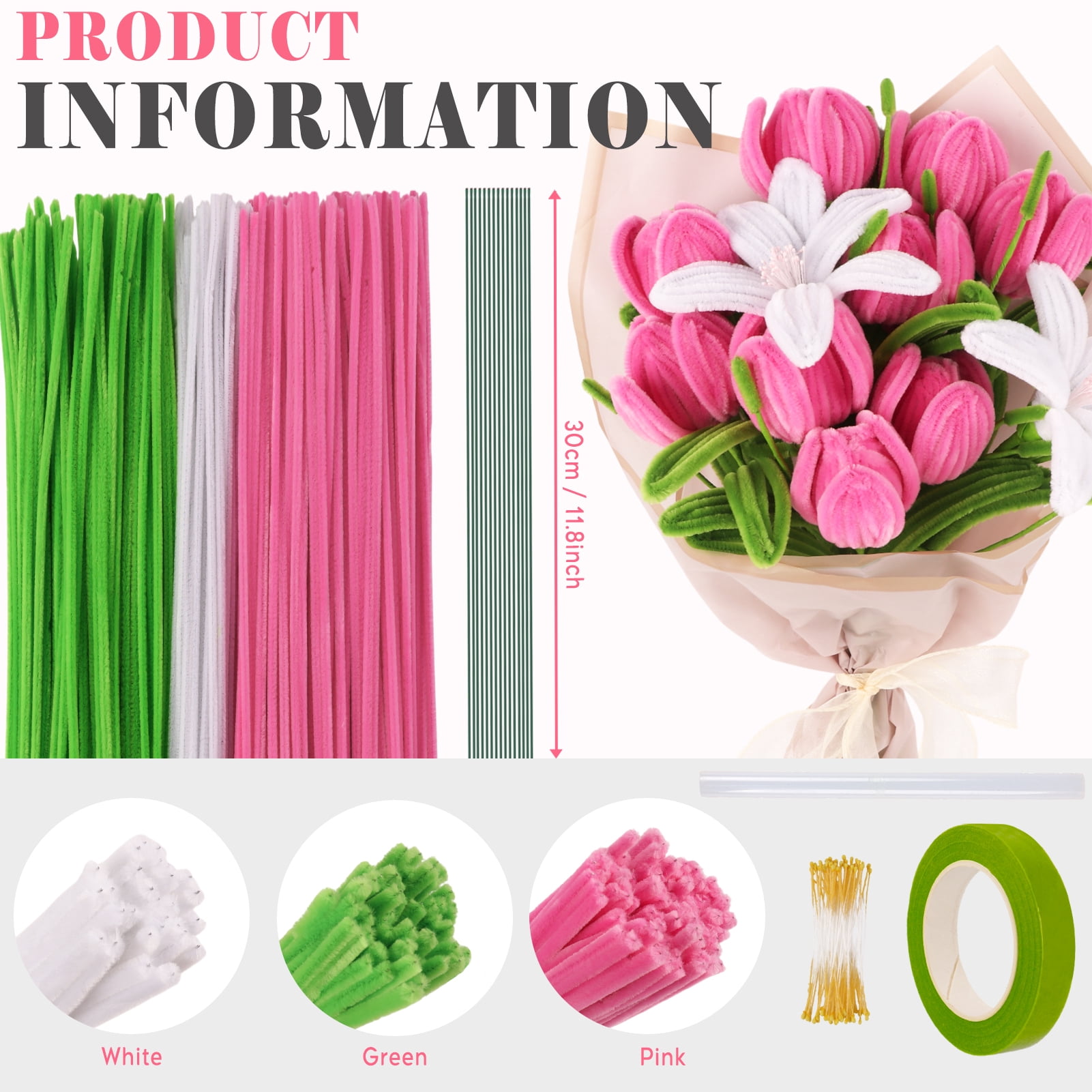 CandWuom Pink Green Pipe Cleaners Flower Kit for Graduation Gifts, Chenille Stems for Pipe Cleaner Tulip Flowers Bouquets Making