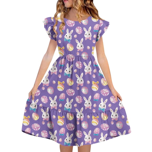 Girls Easter Bunny Dress Spring Tiered Ruffle A-Line Party Kids Lavender Multicolor 5-14 Years,Size 9 T