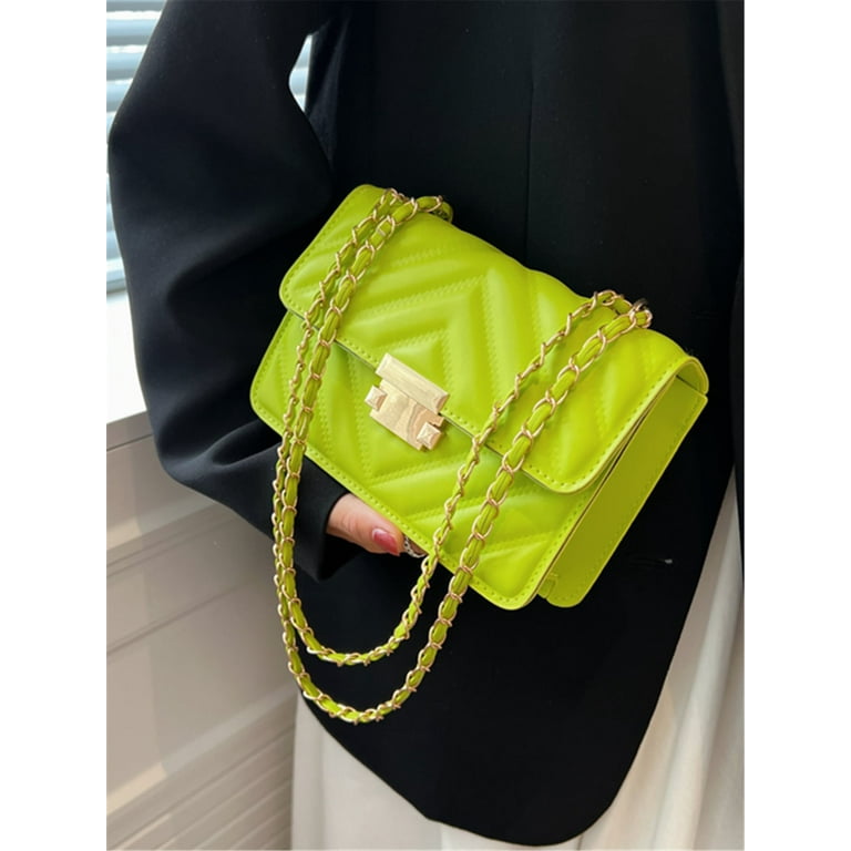 Mini Neon Lime Chevron Detail Flap Chain Square Bag Chevron Quilted Crossbody Bag Trendy Mini Chain Shoulder Bag Women s Faux Leather Flap Purse