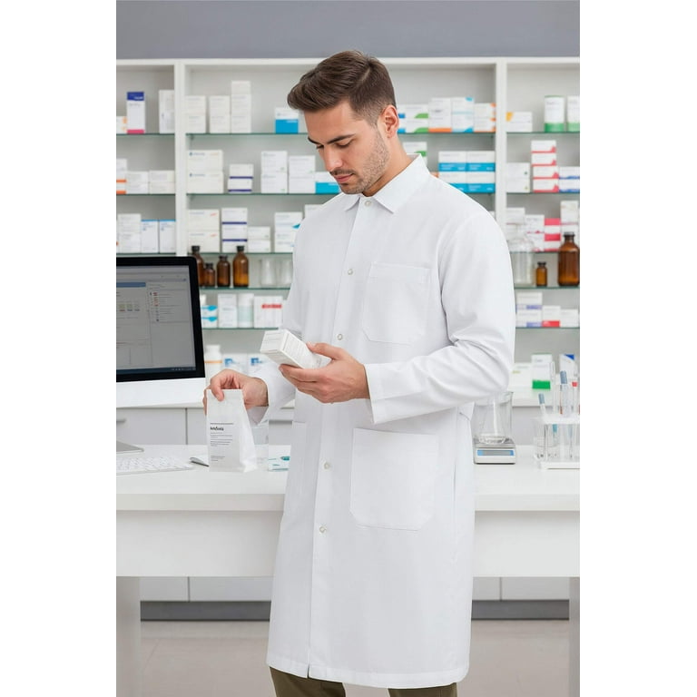 DR Instruments Snap Closure Knee Length Lab Coat, 100% Cotton