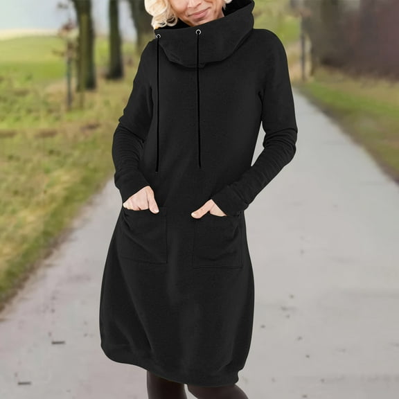 qolati Hoodie Dress for Women Fleece Warm Mock Neck Hooded Drawstring Sweatshirt Dress Oversized Casual Fall Winter Long Pullover Dresses with Pockets Black S