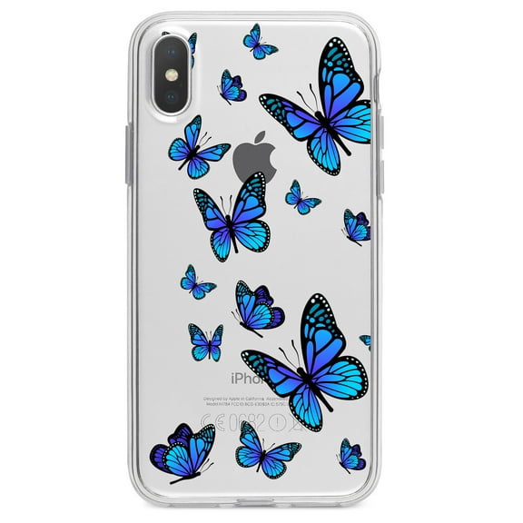 DistinctInk Clear Shockproof Hybrid Case for iPhone XR (6.1" Screen) - TPU Bumper Acrylic Back Tempered Glass Screen Protector - Blue Butterflies Butterfly