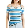 thumbnail image 3 of Yigetop off Shoulder Tops for Women! Fashion Vacation and Casual Contrasting Color Striped Printed Suspender off Shoulder Short Sleeved T Shirt Summer Tops Blue L, 3 of 5