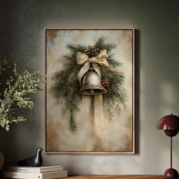 Vintage Silver Bell With Pinecones And Ribbon, Festive Holiday Wall Art Print Wall Art, Modern Wall Decor, 8x12 UNFRAMED