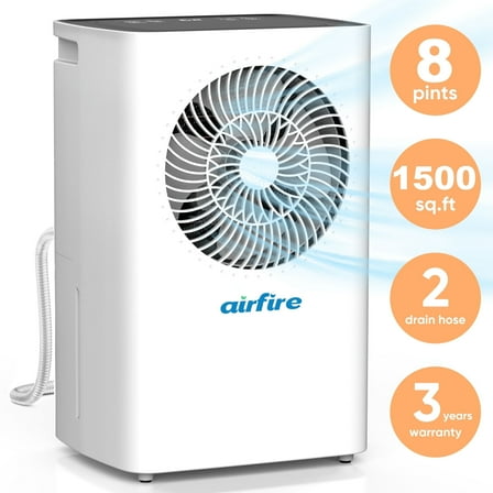 Airfire 8 Pint Dehumidifiers, 1500 Sq.Ft Dehumidifier with Drain Hose, 0.59 Gal Water Tank, Overflow Protection, Dehumidifiers for Home Basement Bedroom Bathroom Laundry Room