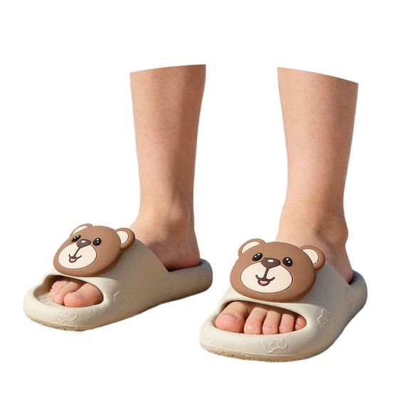 Kids Slippers Unisex Kids Solid Cartoon Bear Print Soft Sole Indoor Outdoor Beach Slides Slippers for Toddler Girls Boys Coffee 4 Years-4.5 Years