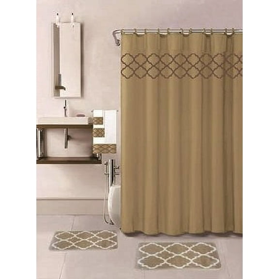 18 Piece Bath Rug Set Choose from Taupe, Teal Blue, Sage Green, Burgundy Holiday Red Geometric Desin print bathroom rugs shower curtain/rings and Towels sets (Amanda Taupe)