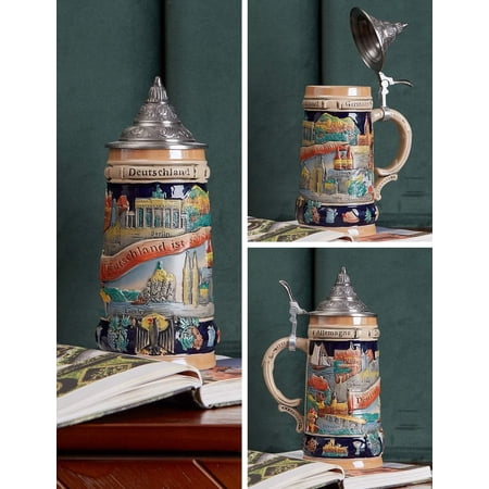 Beer Stein Mug German Drinking Tankard Birthday Gift 0.6 Liter | Ceramic Landmarks Viking Oktoberfest Mugs with Pewter Lid, Collectible Home Bar Festival Decor for Men Father Husband