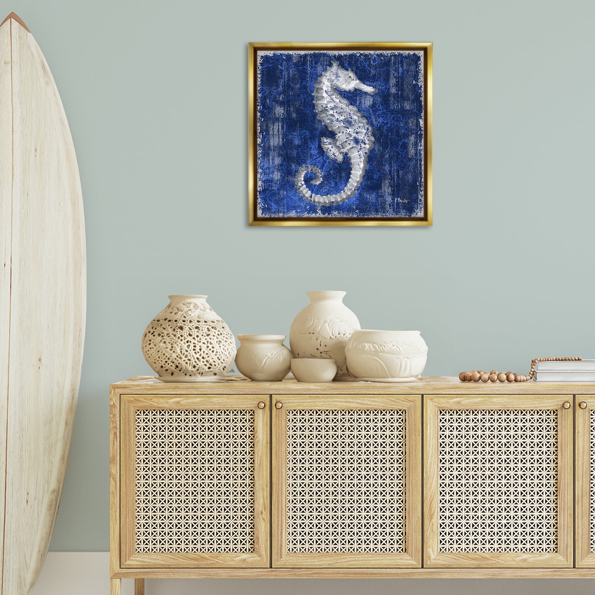 Stupell Industries Rustic Indigo Seahorse Nautical & Beach Painting Gold Floater Framed Canvas Art Print Wall Art, 25 x 25
