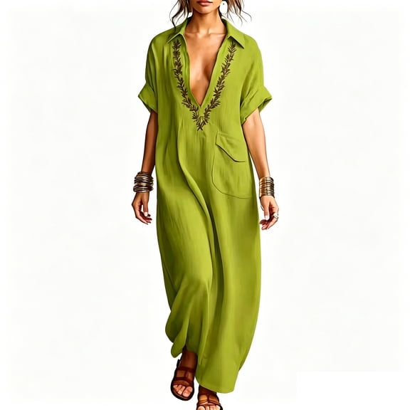 Virmaxy women summer dress 2026 Women's Casual Summer Maxi Dress V Neck Collared Embroidered Short Sleeve Loose Fit Dress for Beach Vacation Daily Wear