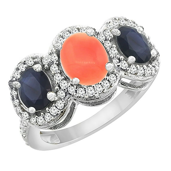 14K White Gold Natural Coral & Quality Blue Sapphire 3-stone Mothers Ring Oval Diamond Accent, size 9