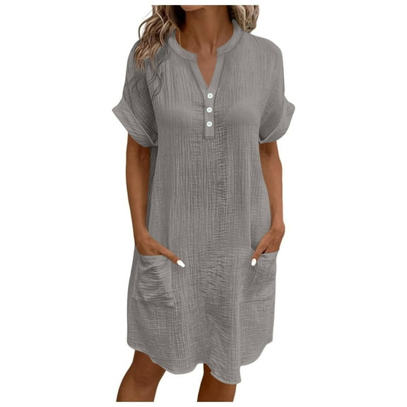 Ecqkame Summer Women's Dress Casual Solid Color V Neck Short Sleeve Party Dresses Flowy Loose Button Beach Dress with Pockets 03-Gray XXL