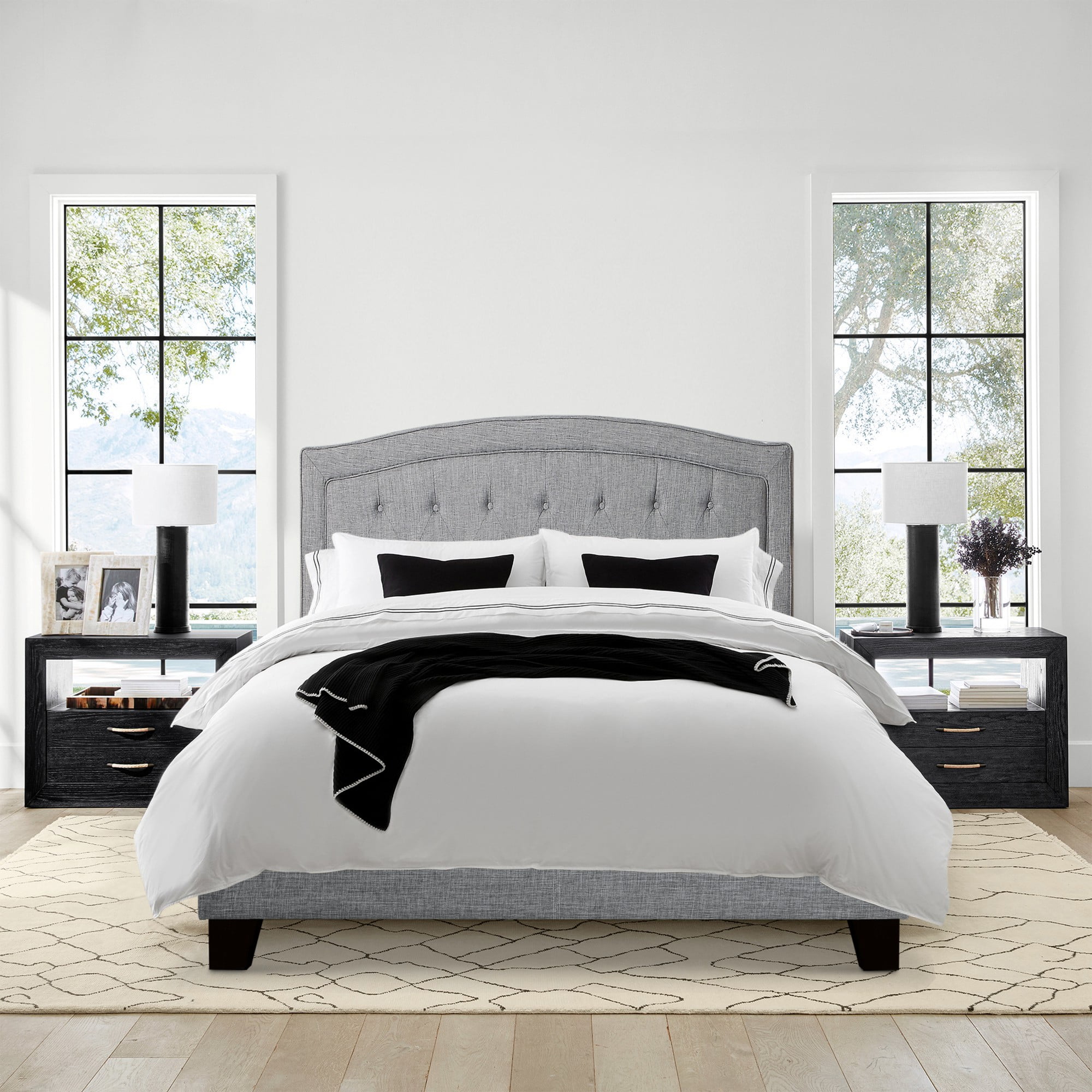 Gewnee Full Size Gray Bed Frame, Linen Upholstered Headboard, Solid Wood Slat Support & Sturdy Structure, Ideal for Bedroom, Box Spring Required