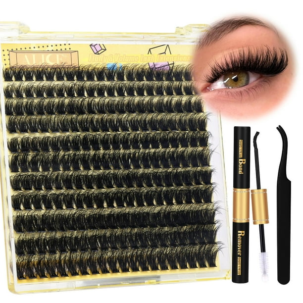 ALICE Kit de extensión de pestañas de volumen esponjoso, kit de extensión de pestañas gruesas 3D Wispy DIY kit de extensión de pestañas con 220 piezas de pestañas individuales con aspecto de visón y p