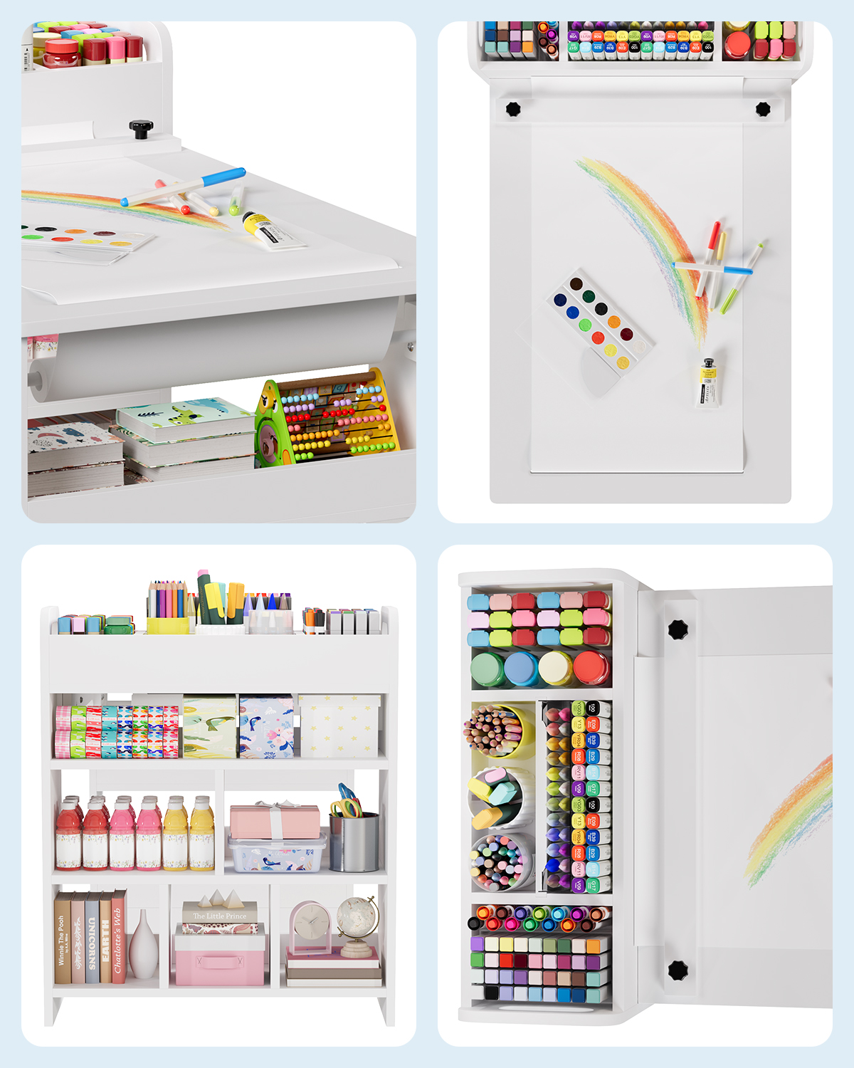 Kids Art Table and Chair Set with Storage Shelves & Paper Roll – Large Wooden Craft & Activity Desk for Drawing, Painting, Learning, Reading – 3-Piece Set – White