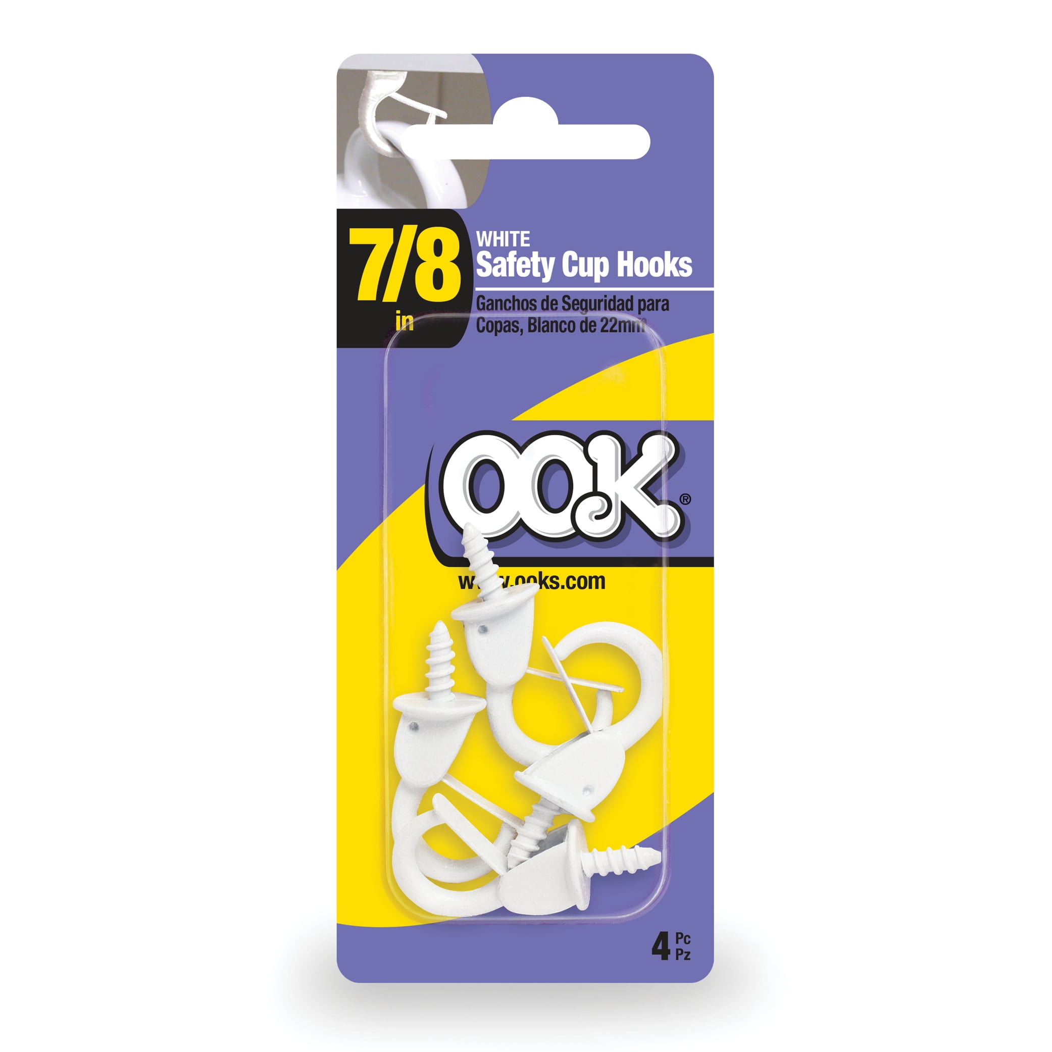 OOK Safety Cup Hooks, 7/8", White Finish, Screwin, 4 Pieces