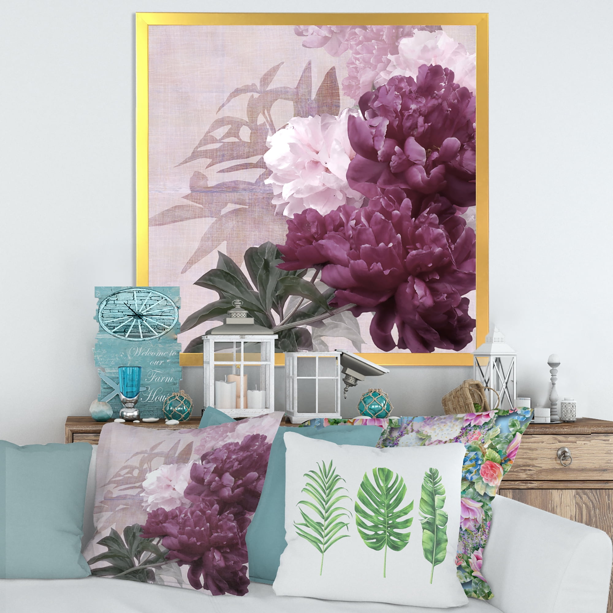 Designart 'Ancient Pink and Purple Flowers I' Traditional Framed Art Print