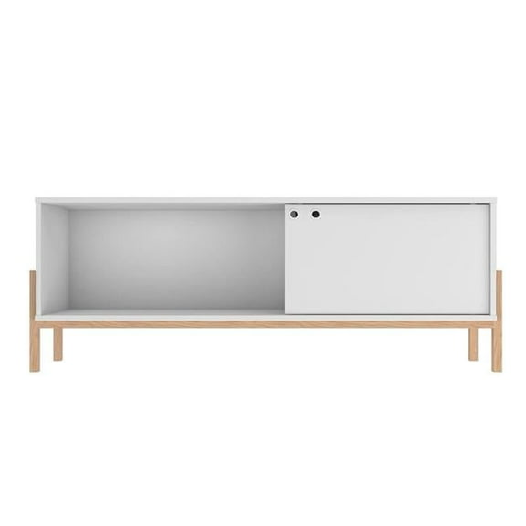 Bowery TV Stand with 2 Shelves in White & Oak, 20.27 x 55.14 x 13.77 in.